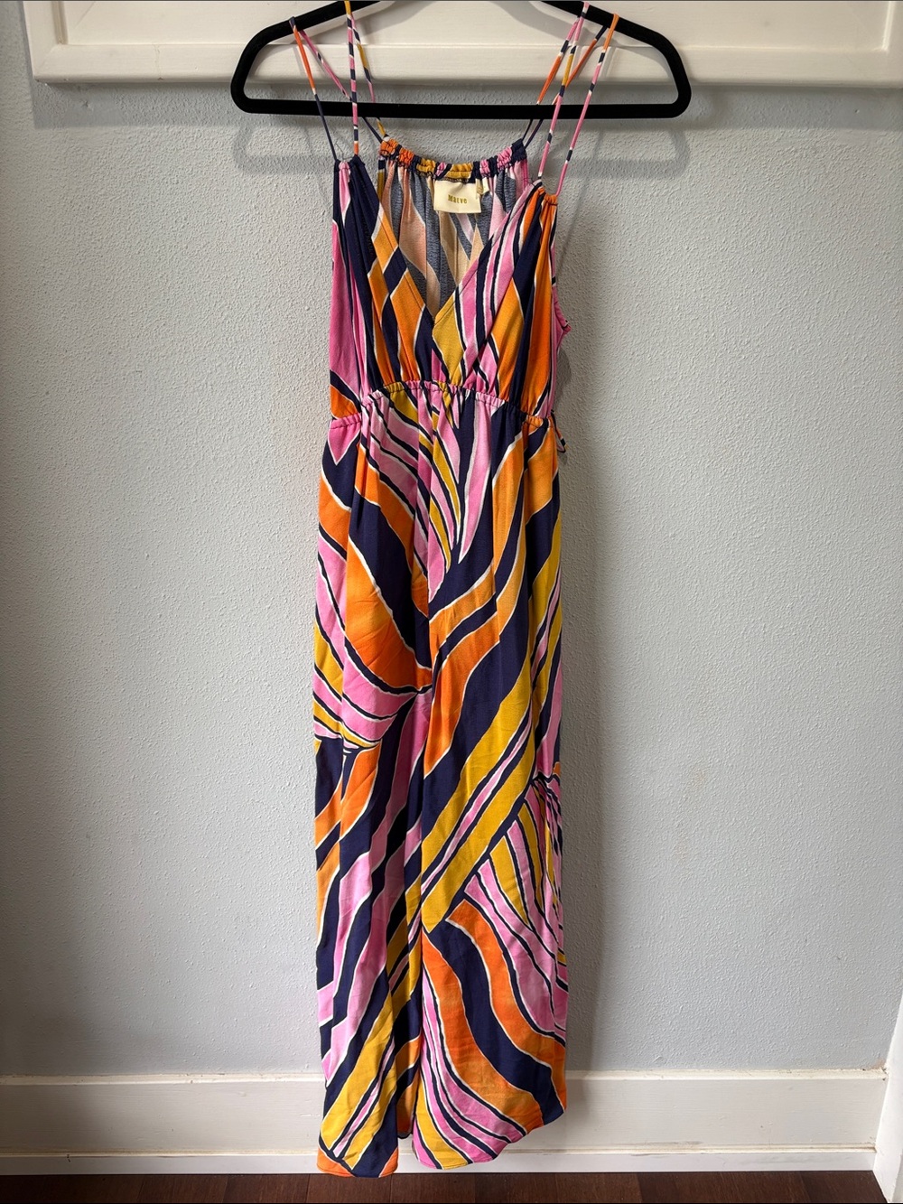 Maeve Striped Spaghetti‑Strap Jumpsuit in Pink, Orange & Navy